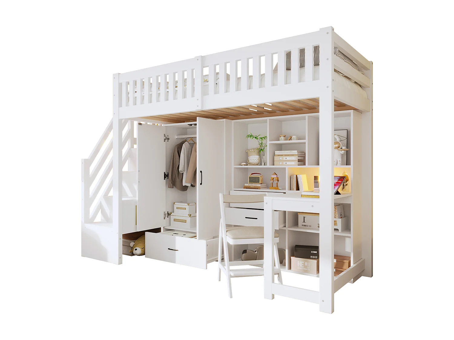 Lit mezzanine enfant 90x200 cm avec bureau, armoire, tiroirs et étagères - Blanc