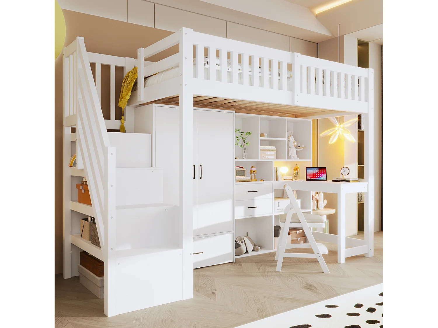 Lit mezzanine enfant 90x200 cm avec bureau, armoire, tiroirs et étagères - Blanc