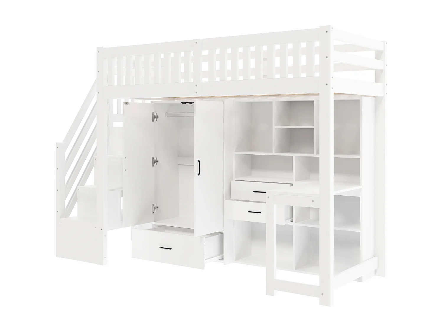 Lit mezzanine enfant 90x200 cm avec bureau, armoire, tiroirs et étagères - Blanc