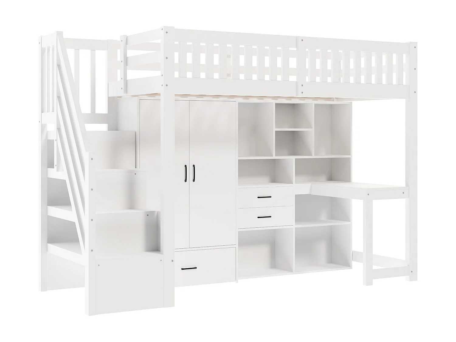 Lit mezzanine enfant 90x200 cm avec bureau, armoire, tiroirs et étagères - Blanc