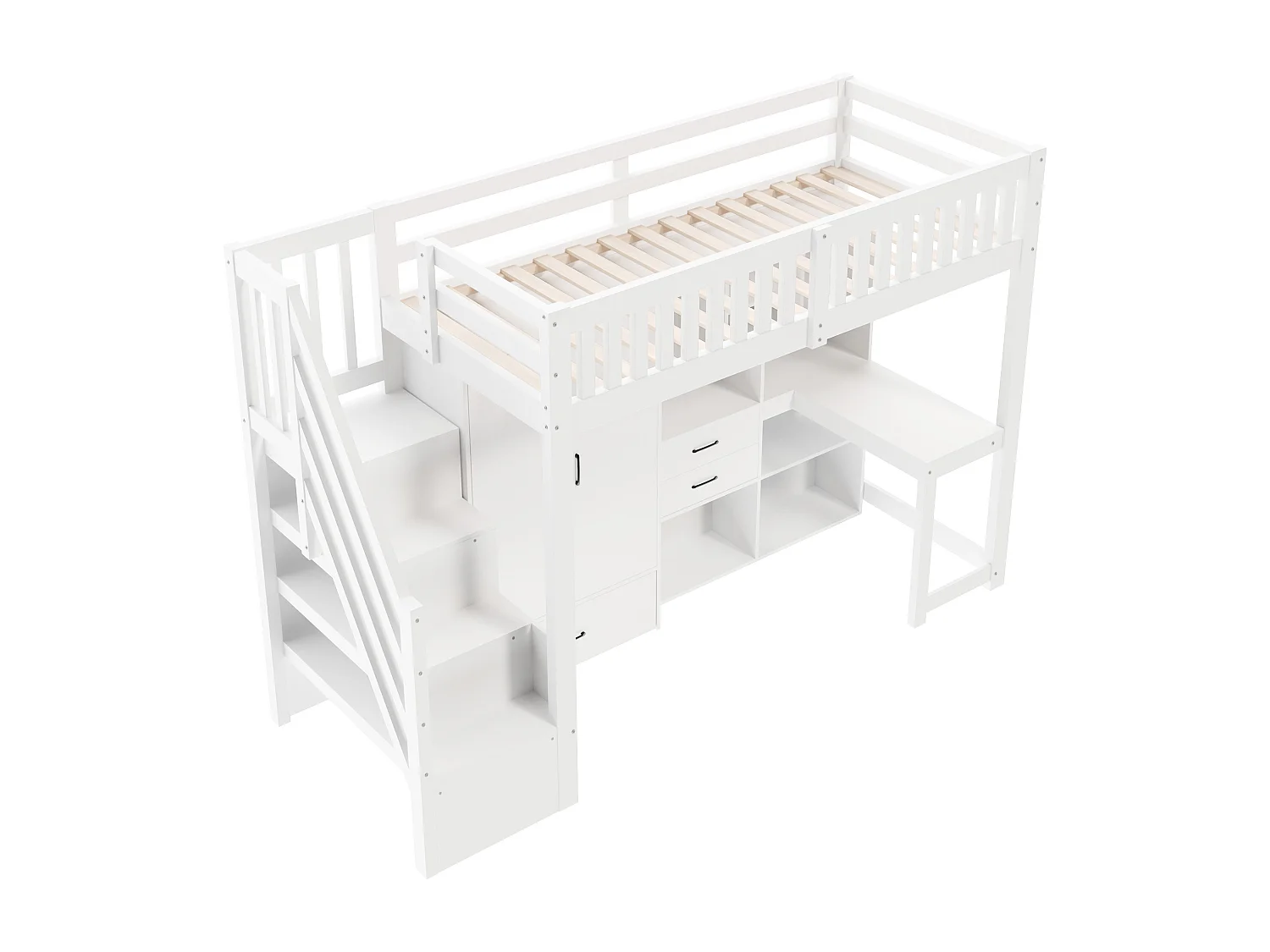 Lit mezzanine enfant 90x200 cm avec bureau, armoire, tiroirs et étagères - Blanc