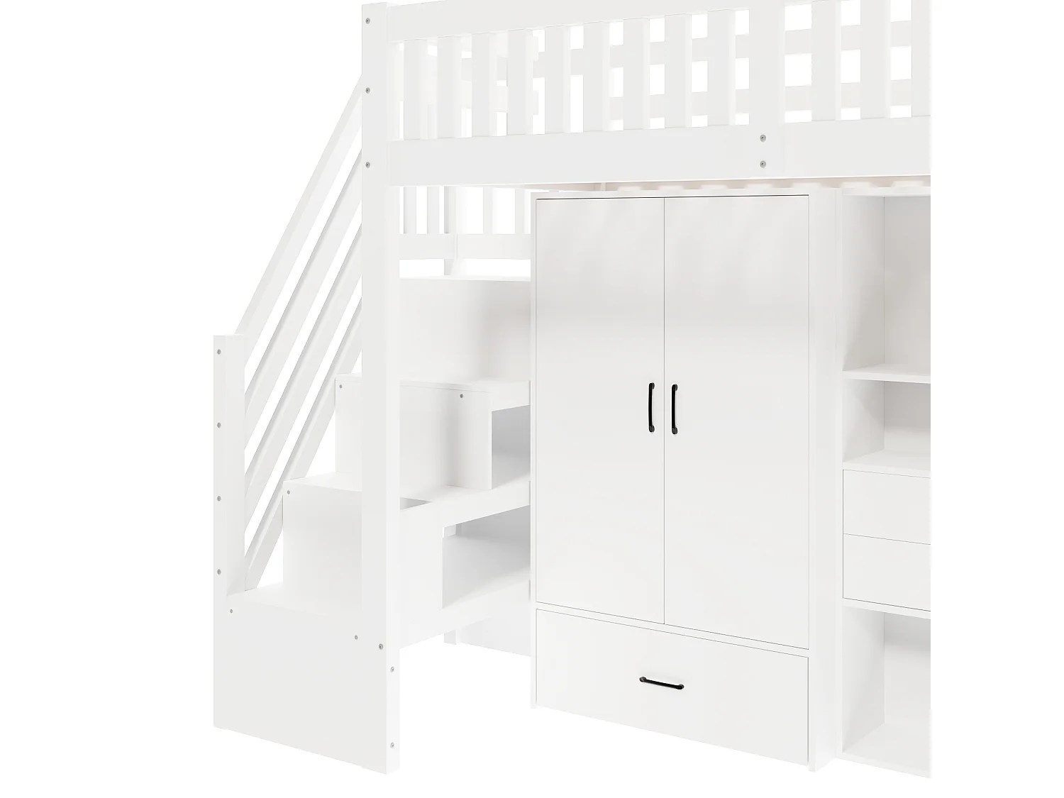Lit mezzanine enfant 90x200 cm avec bureau, armoire, tiroirs et étagères - Blanc