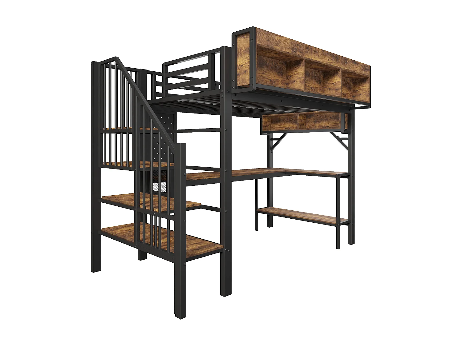 Lit mezzanine pour enfant - 90 x 200 cm - avec bureau + USB + Leds + étagères + escalier de rangement - bois - noir