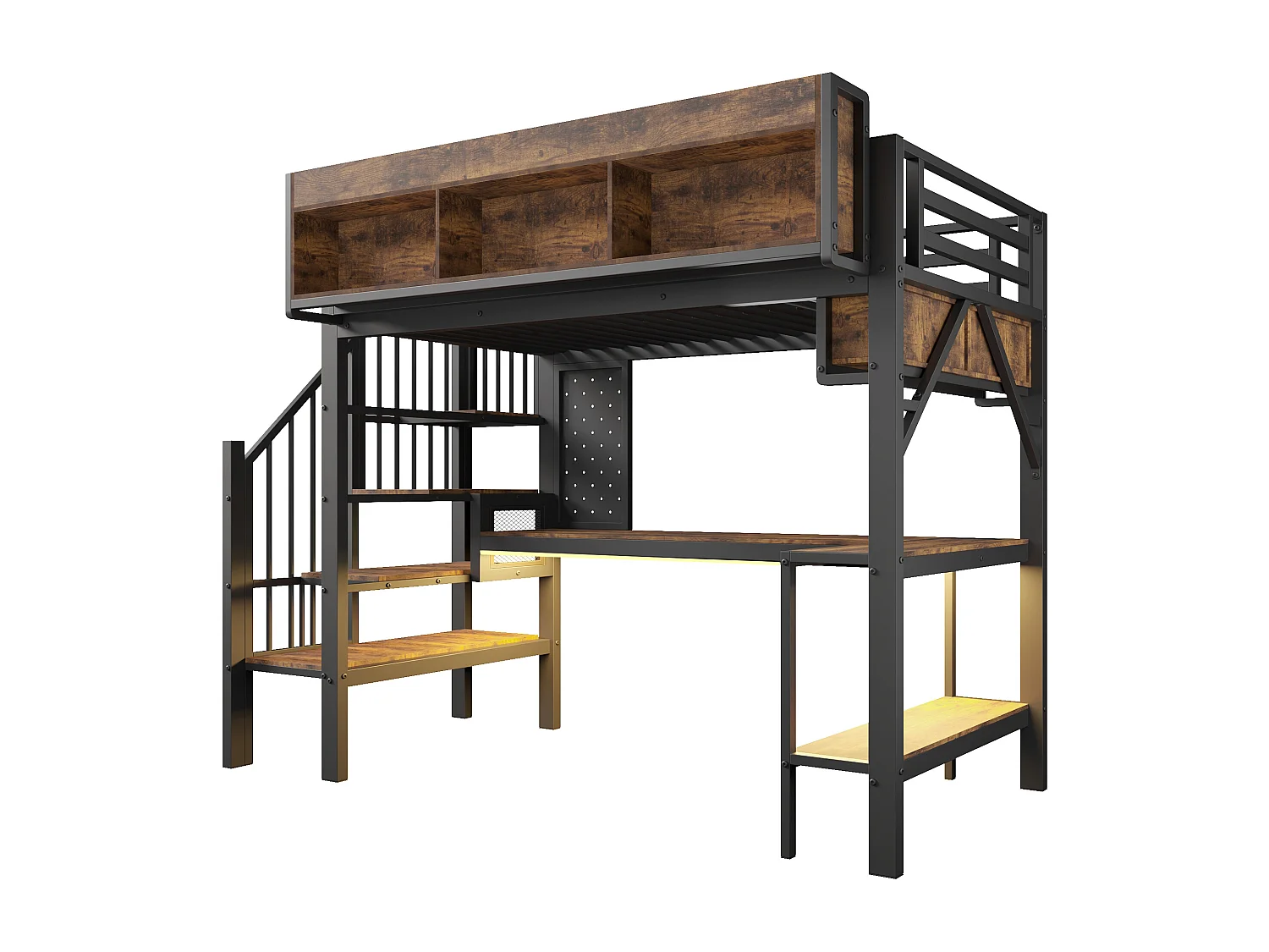 Lit mezzanine pour enfant - 90 x 200 cm - avec bureau + USB + Leds + étagères + escalier de rangement - bois - noir