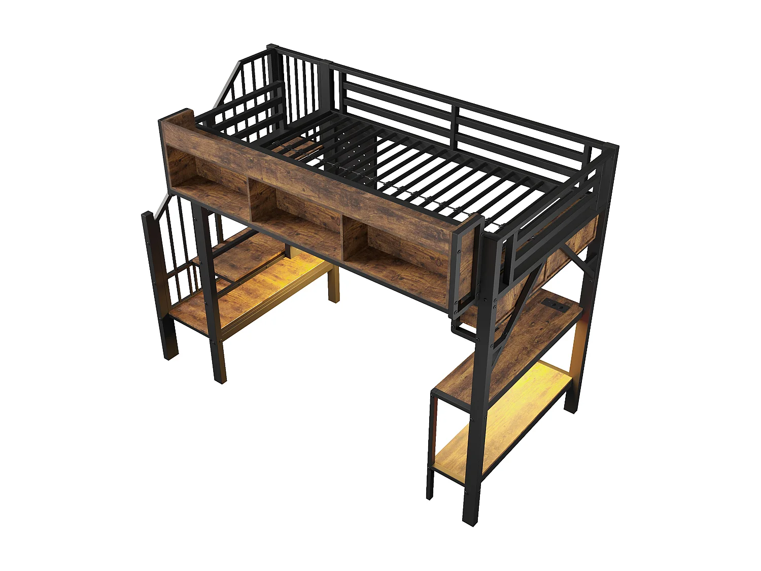 Lit mezzanine pour enfant - 90 x 200 cm - avec bureau + USB + Leds + étagères + escalier de rangement - bois - noir