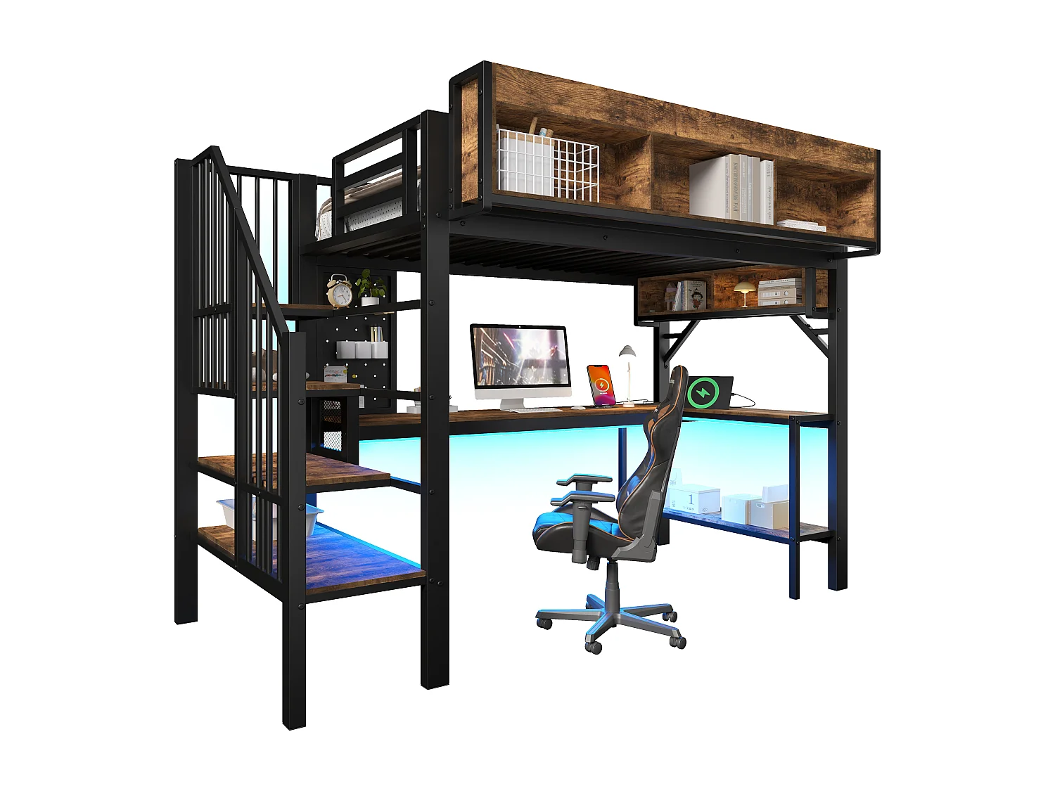 Lit mezzanine pour enfant - 90 x 200 cm - avec bureau + USB + Leds + étagères + escalier de rangement - bois - noir