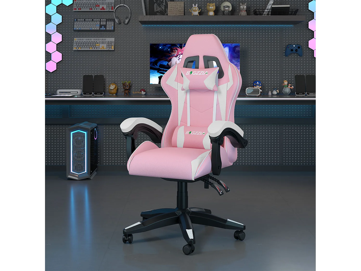 Fauteuil de gaming inclinable à dossier haut en cuir PU, avec appui-tête et soutien lombaire