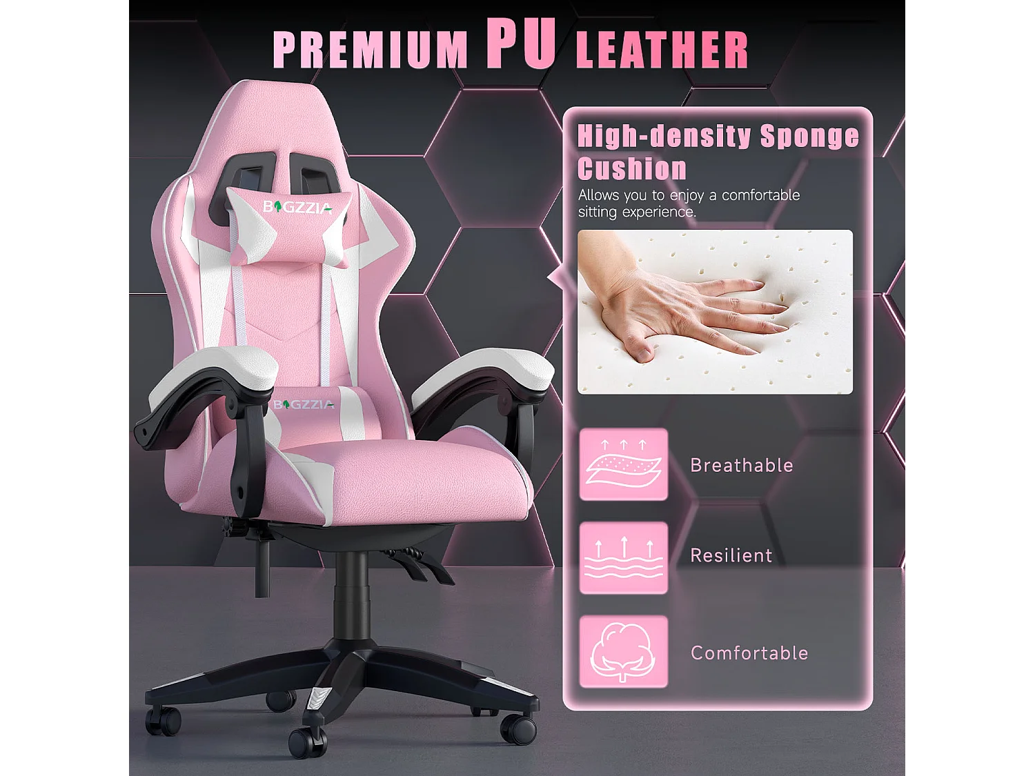 Fauteuil de gaming inclinable à dossier haut en cuir PU, avec appui-tête et soutien lombaire