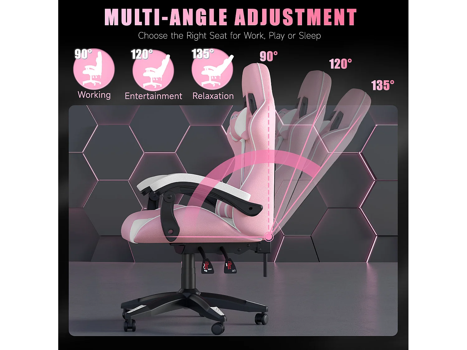 Fauteuil de gaming inclinable à dossier haut en cuir PU, avec appui-tête et soutien lombaire