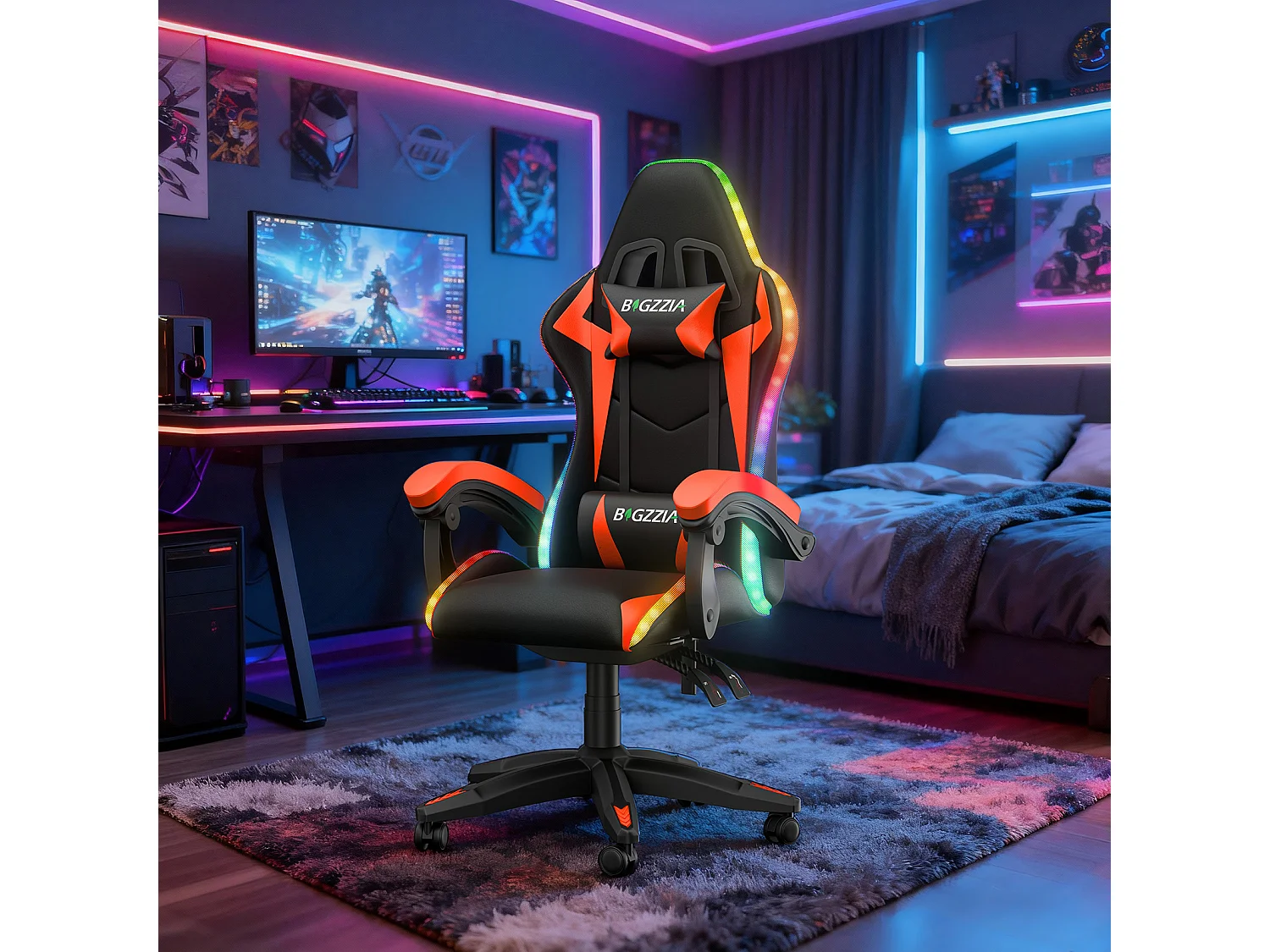 Fauteuil de jeu ergonomique avec effets lumineux LED, dossier réglable en hauteur avec soutien lombaire et appui-tête