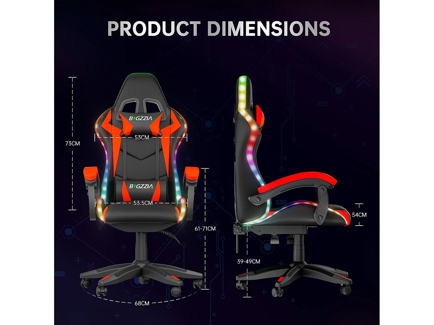Fauteuil de jeu ergonomique avec effets lumineux LED, dossier réglable en hauteur avec soutien lombaire et appui-tête