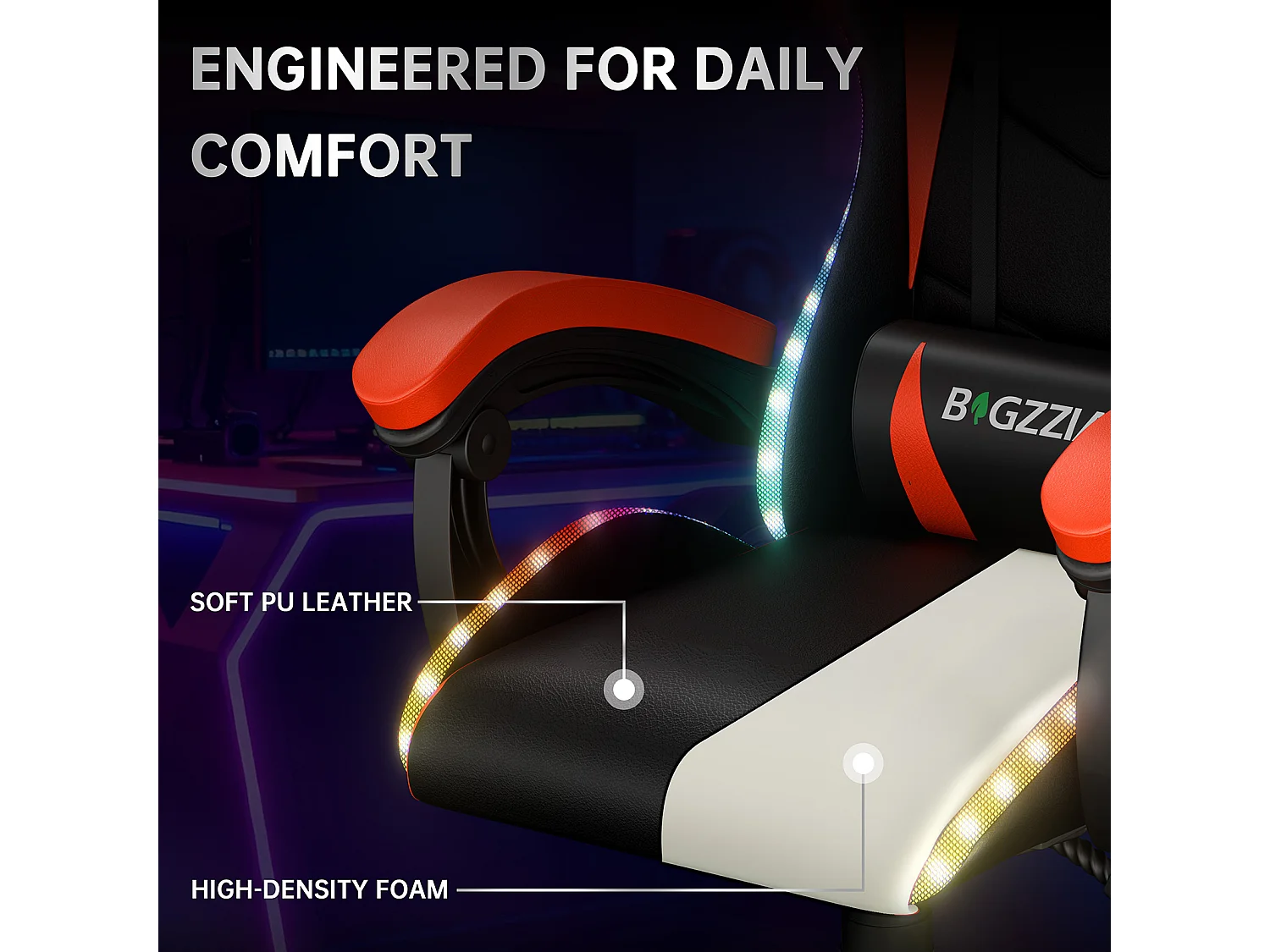 Fauteuil de jeu ergonomique avec effets lumineux LED, dossier réglable en hauteur avec soutien lombaire et appui-tête