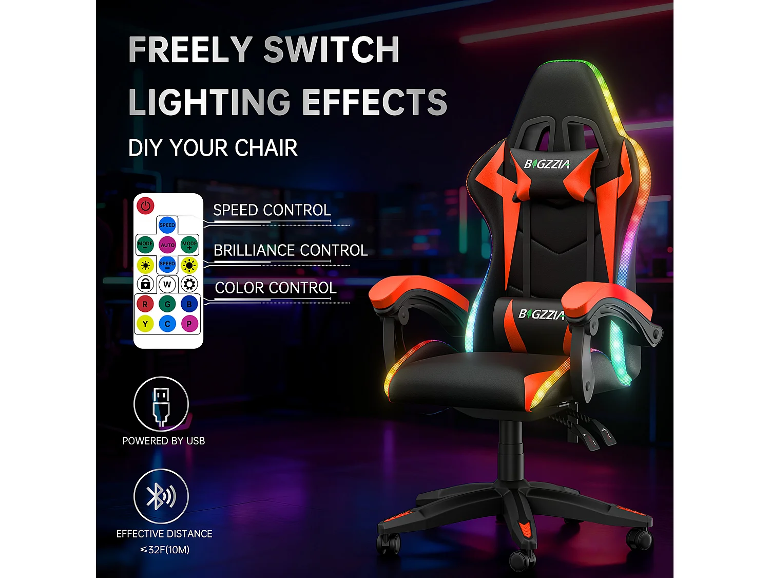 Fauteuil de jeu ergonomique avec effets lumineux LED, dossier réglable en hauteur avec soutien lombaire et appui-tête