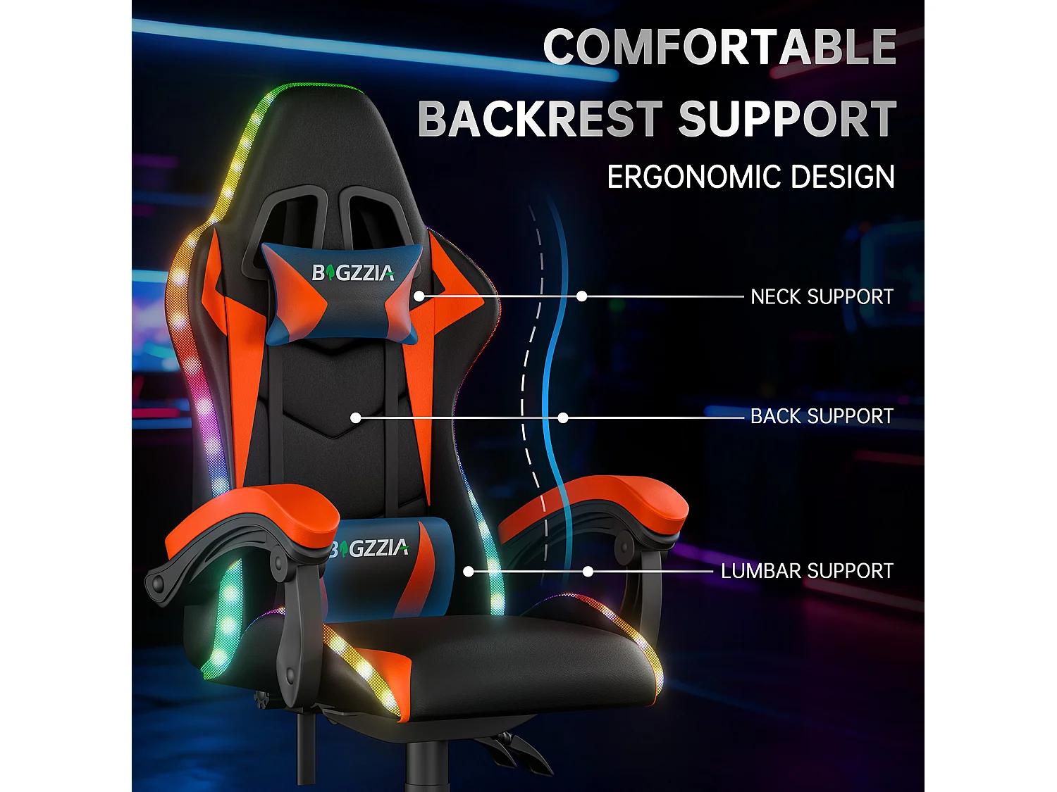 Fauteuil de jeu ergonomique avec effets lumineux LED, dossier réglable en hauteur avec soutien lombaire et appui-tête