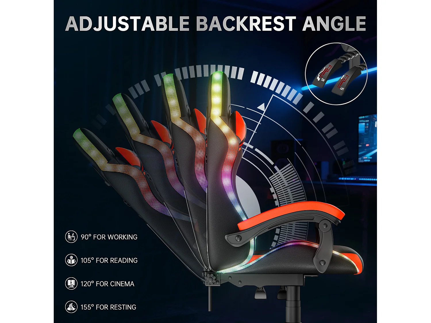 Fauteuil de jeu ergonomique avec effets lumineux LED, dossier réglable en hauteur avec soutien lombaire et appui-tête
