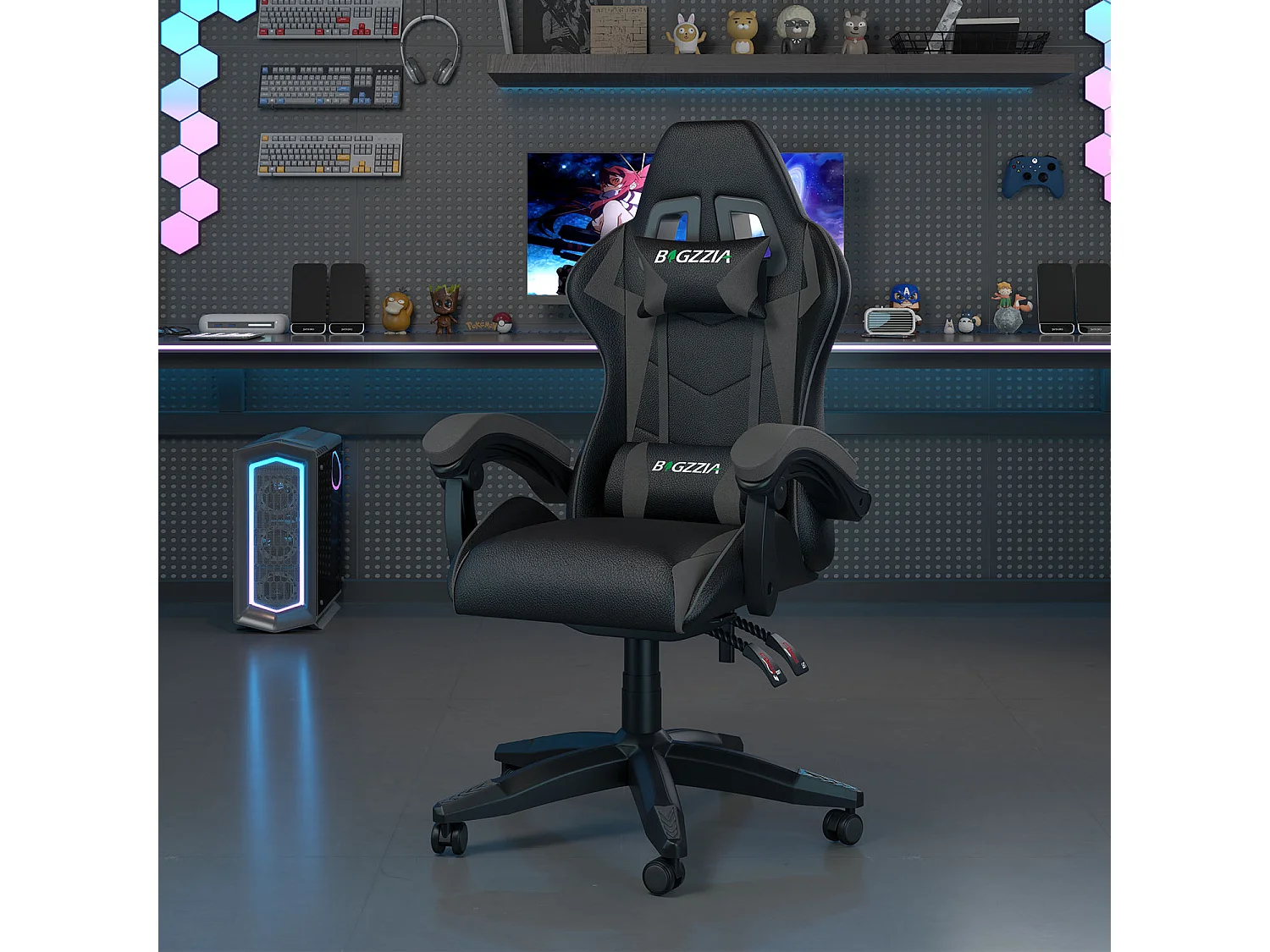 Fauteuil de gaming inclinable à dossier haut en cuir PU, avec appui-tête et soutien lombaire