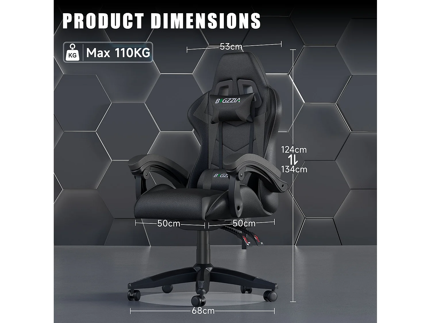 Fauteuil de gaming inclinable à dossier haut en cuir PU, avec appui-tête et soutien lombaire