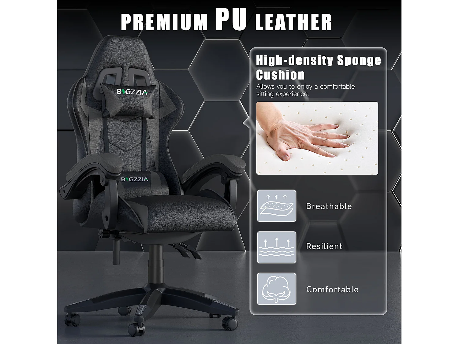 Fauteuil de gaming inclinable à dossier haut en cuir PU, avec appui-tête et soutien lombaire