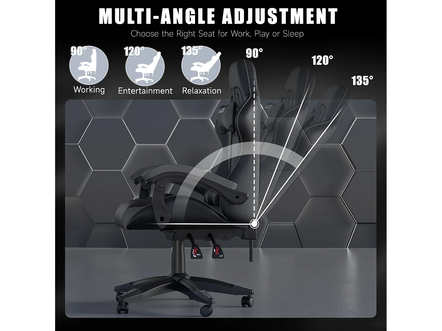 Fauteuil de gaming inclinable à dossier haut en cuir PU, avec appui-tête et soutien lombaire