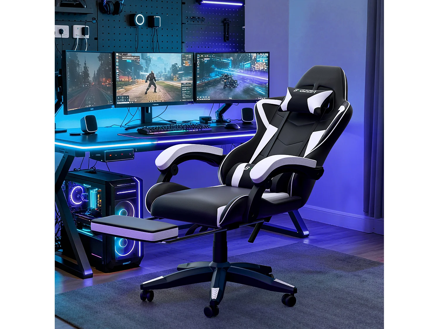 Rattantree Fauteuil de gaming réglable en hauteur avec repose-pieds et coussin lombaire