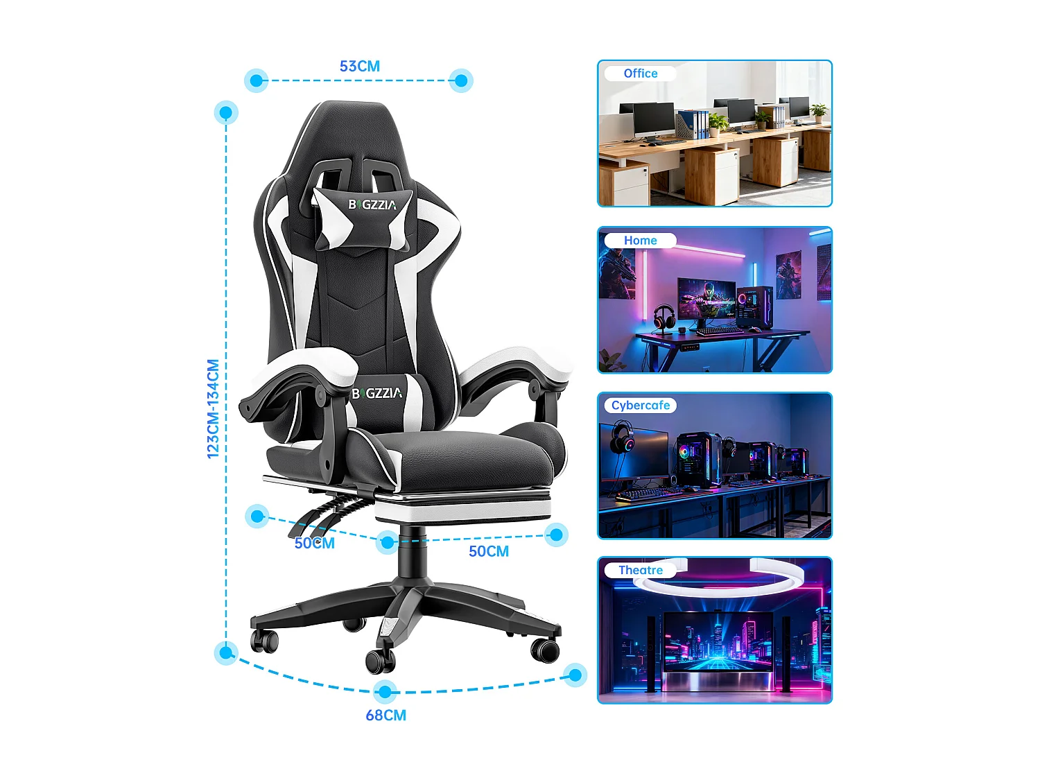 Rattantree Fauteuil de gaming réglable en hauteur avec repose-pieds et coussin lombaire