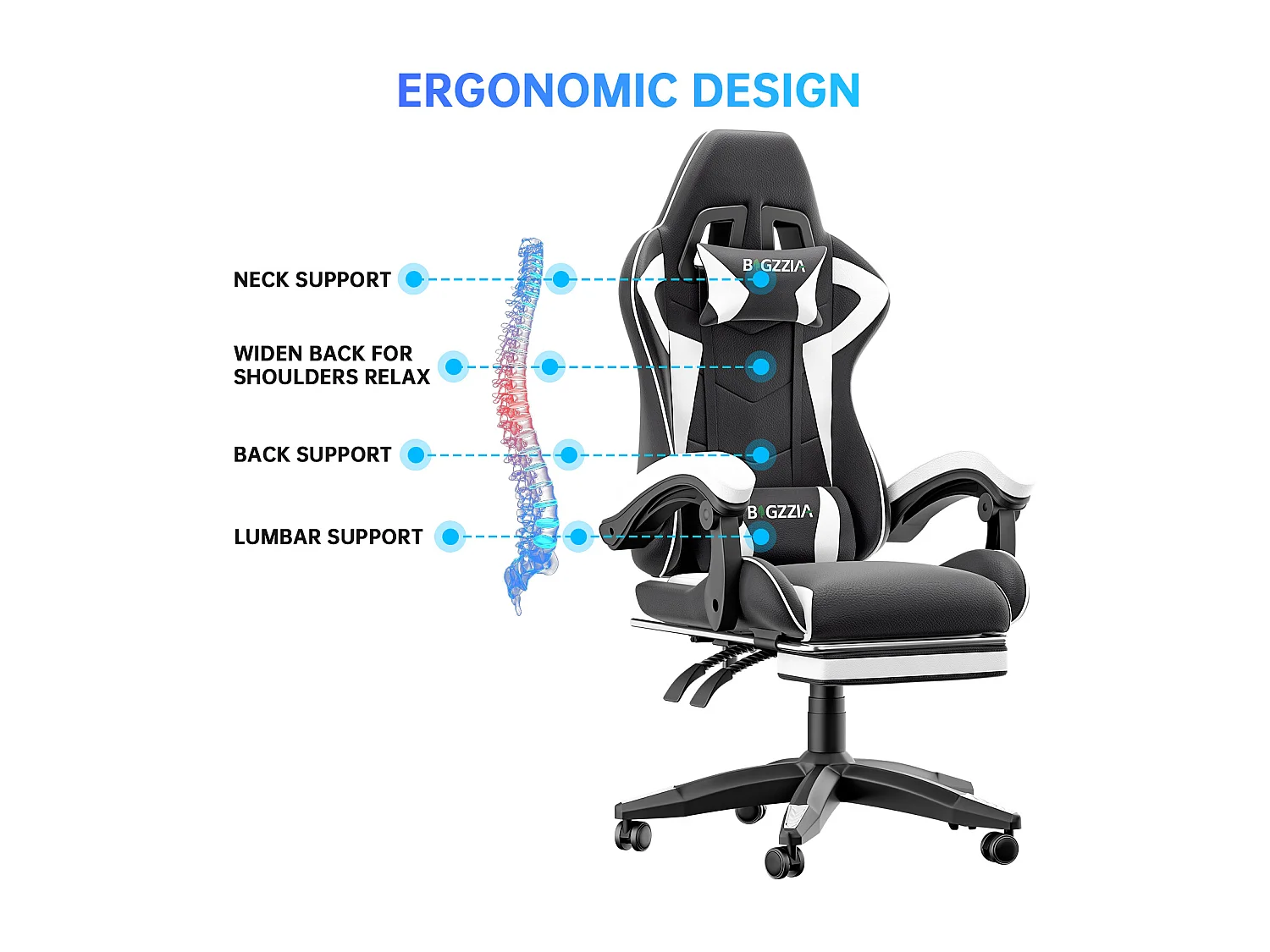 Rattantree Fauteuil de gaming réglable en hauteur avec repose-pieds et coussin lombaire