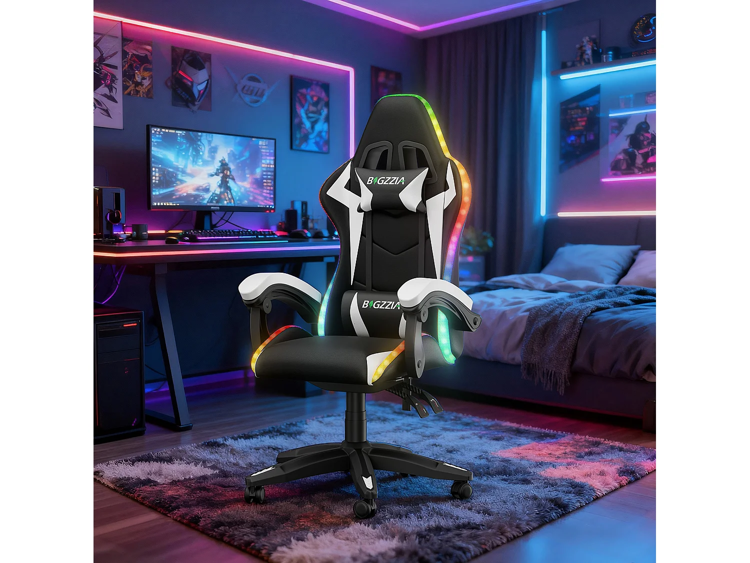 Fauteuil de jeu ergonomique avec effets lumineux LED, dossier réglable en hauteur avec soutien lombaire et appui-tête