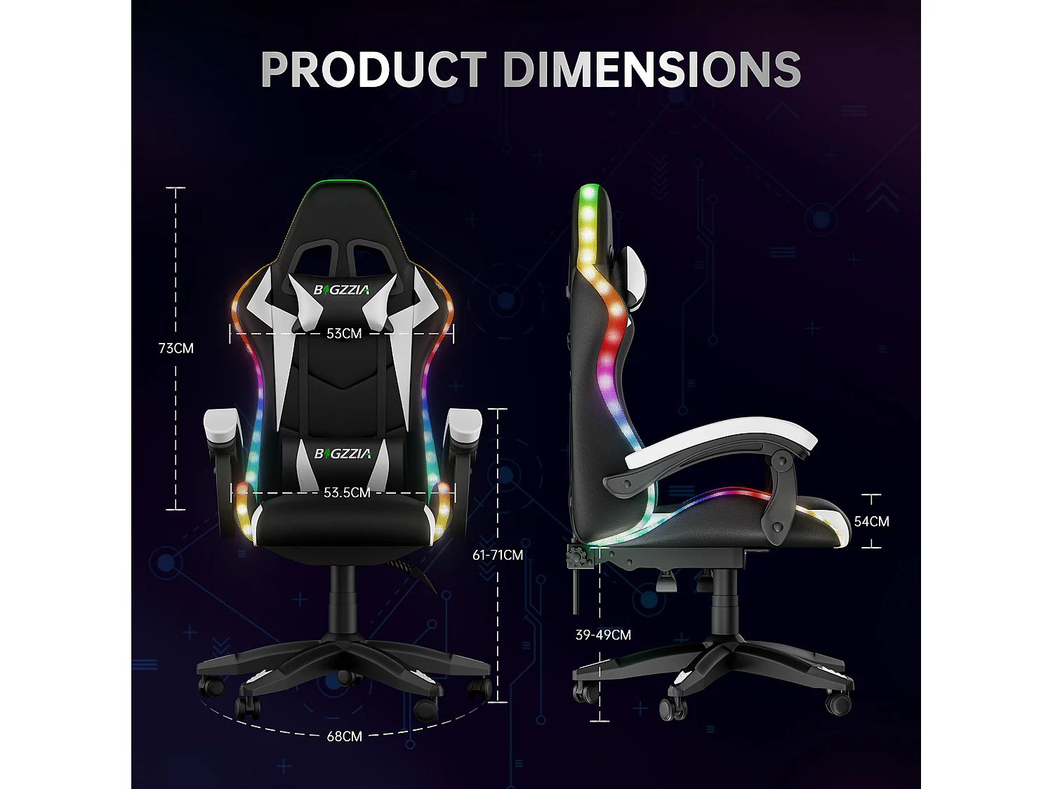 Fauteuil de jeu ergonomique avec effets lumineux LED, dossier réglable en hauteur avec soutien lombaire et appui-tête