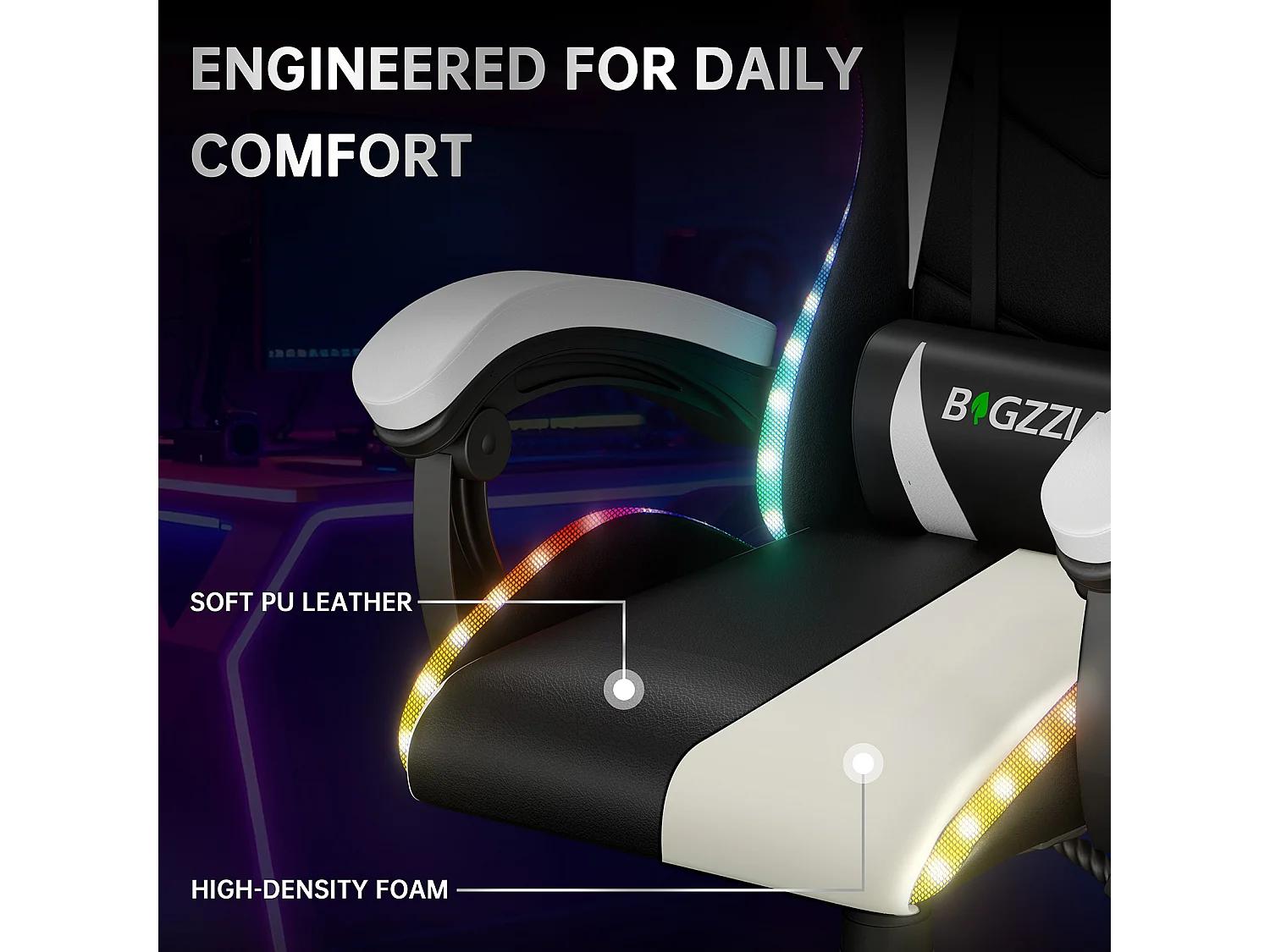 Fauteuil de jeu ergonomique avec effets lumineux LED, dossier réglable en hauteur avec soutien lombaire et appui-tête