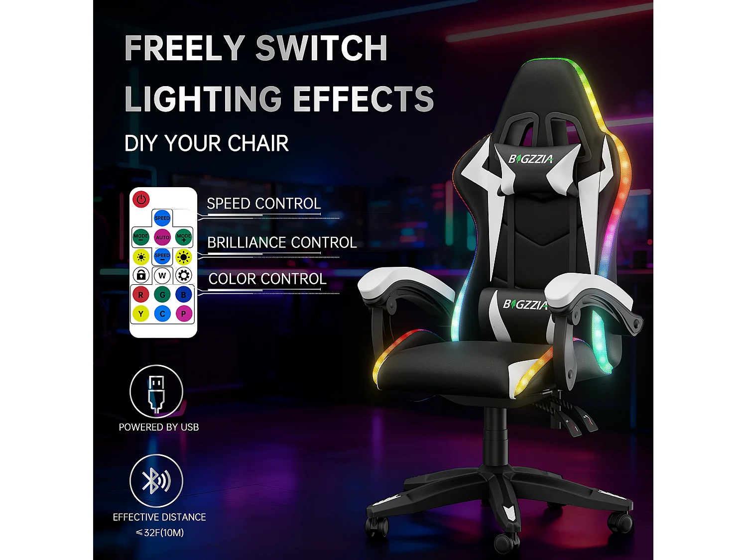 Fauteuil de jeu ergonomique avec effets lumineux LED, dossier réglable en hauteur avec soutien lombaire et appui-tête