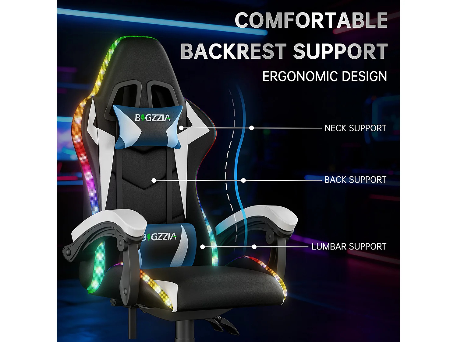 Fauteuil de jeu ergonomique avec effets lumineux LED, dossier réglable en hauteur avec soutien lombaire et appui-tête