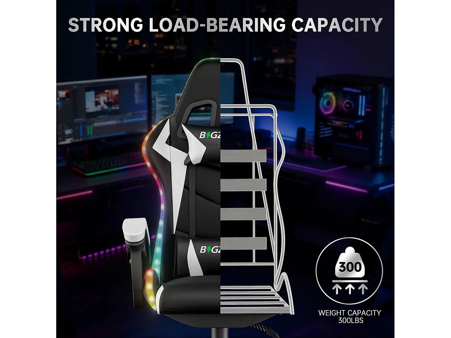 Fauteuil de jeu ergonomique avec effets lumineux LED, dossier réglable en hauteur avec soutien lombaire et appui-tête