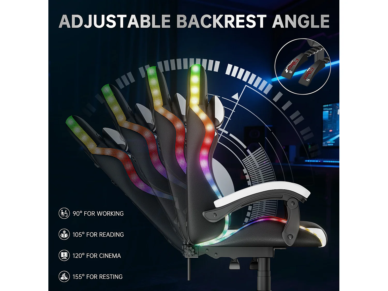 Fauteuil de jeu ergonomique avec effets lumineux LED, dossier réglable en hauteur avec soutien lombaire et appui-tête
