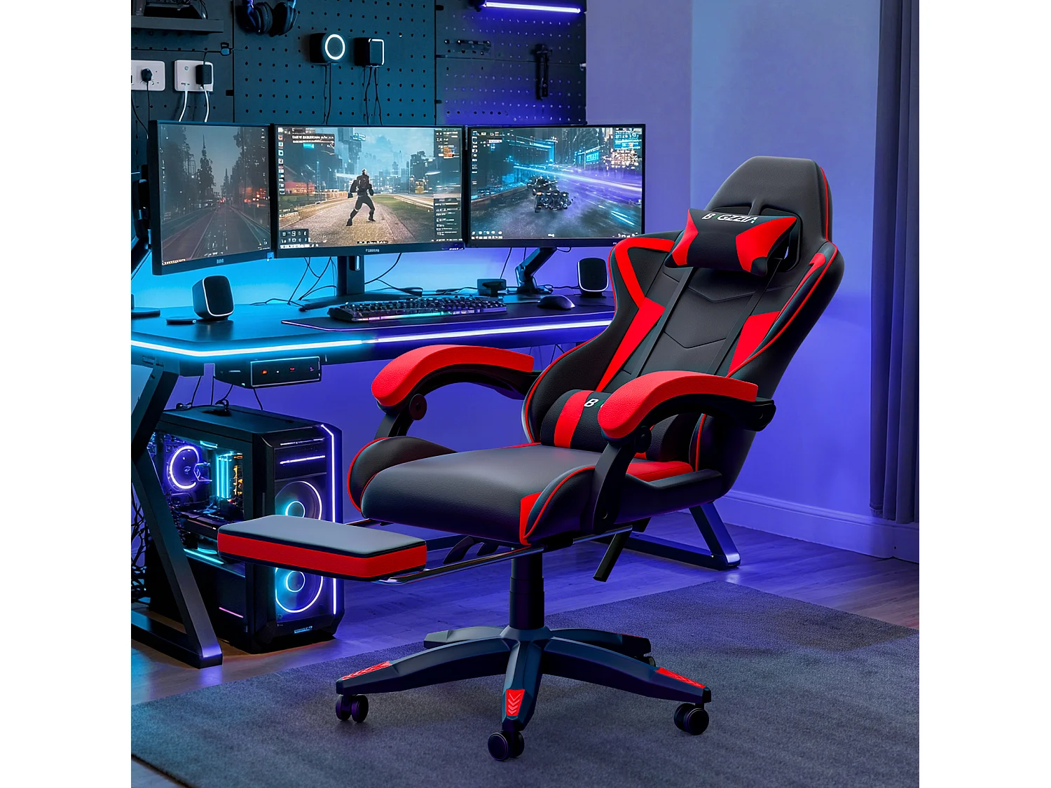 Rattantree Fauteuil de gaming réglable en hauteur avec repose-pieds et coussin lombaire
