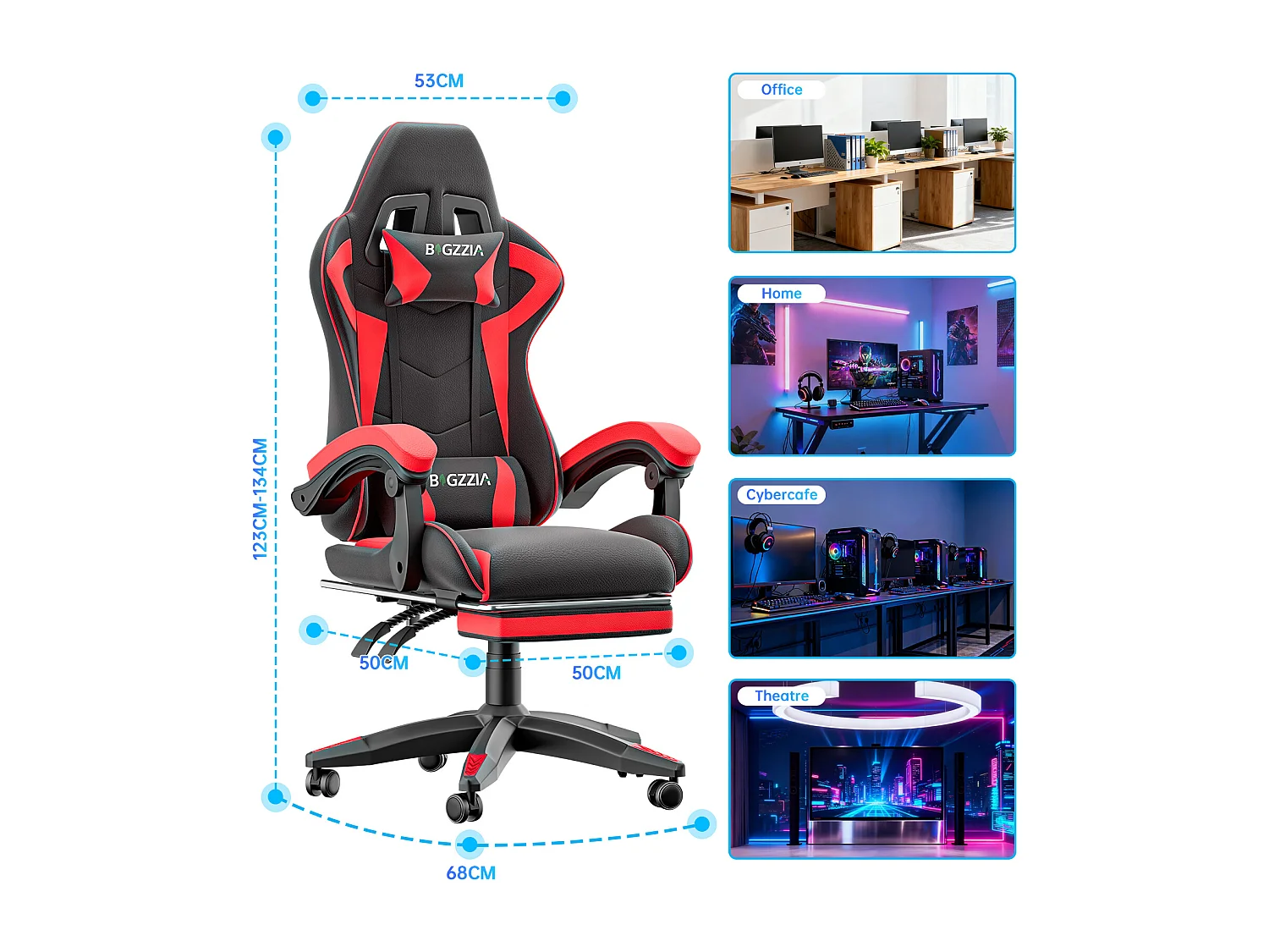 Rattantree Fauteuil de gaming réglable en hauteur avec repose-pieds et coussin lombaire