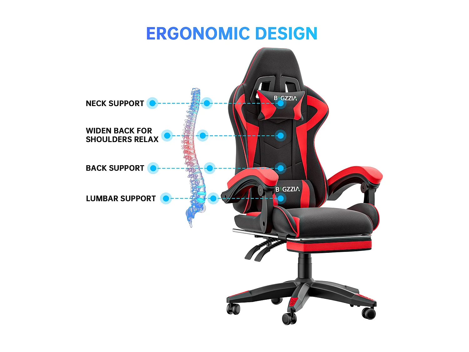 Rattantree Fauteuil de gaming réglable en hauteur avec repose-pieds et coussin lombaire
