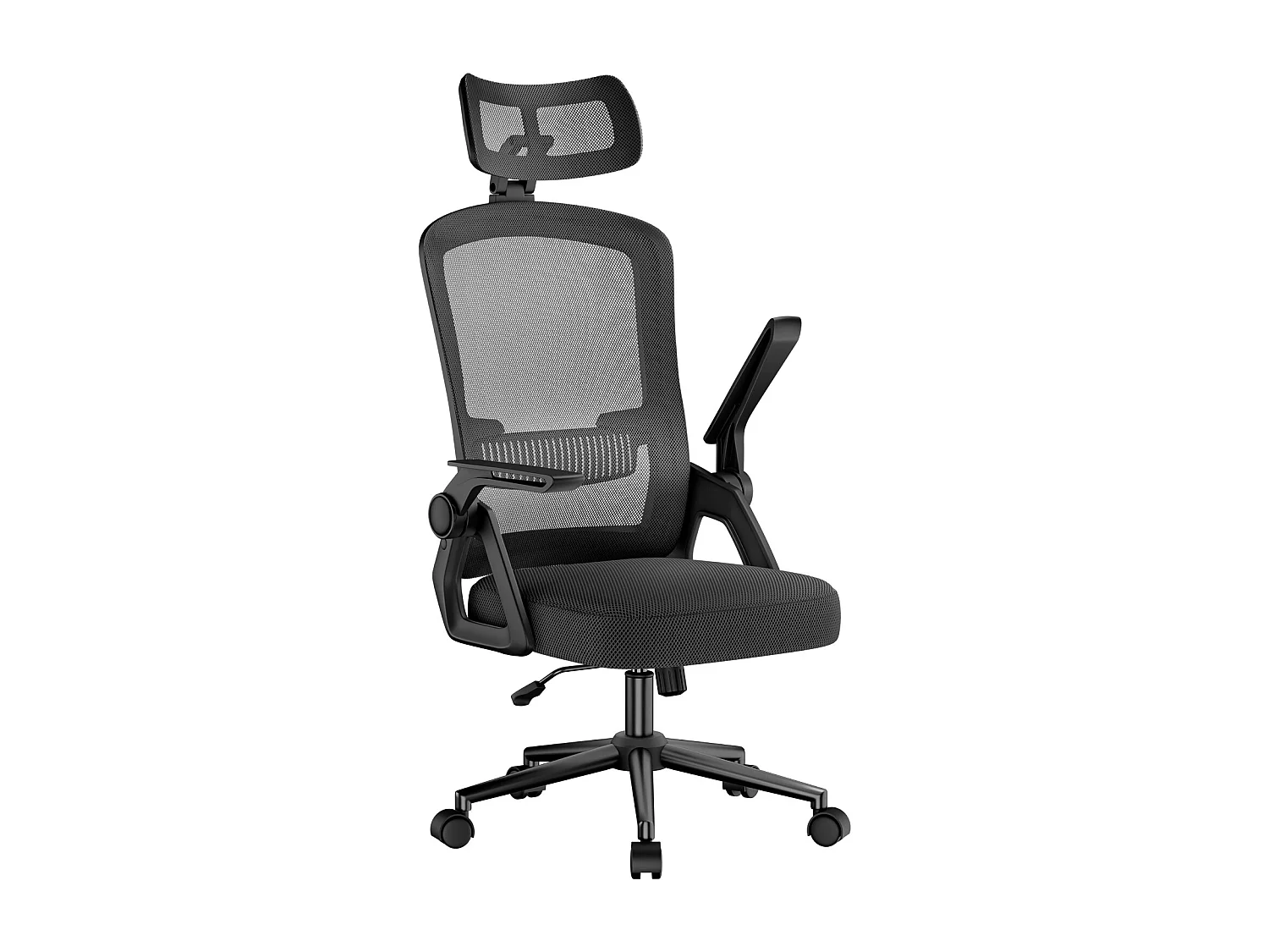 Chaise de bureau ergonomique avec appui-tête réglable, dossier haut en maille, accoudoirs rabattables, soutien lombaire et piètement pivotant
