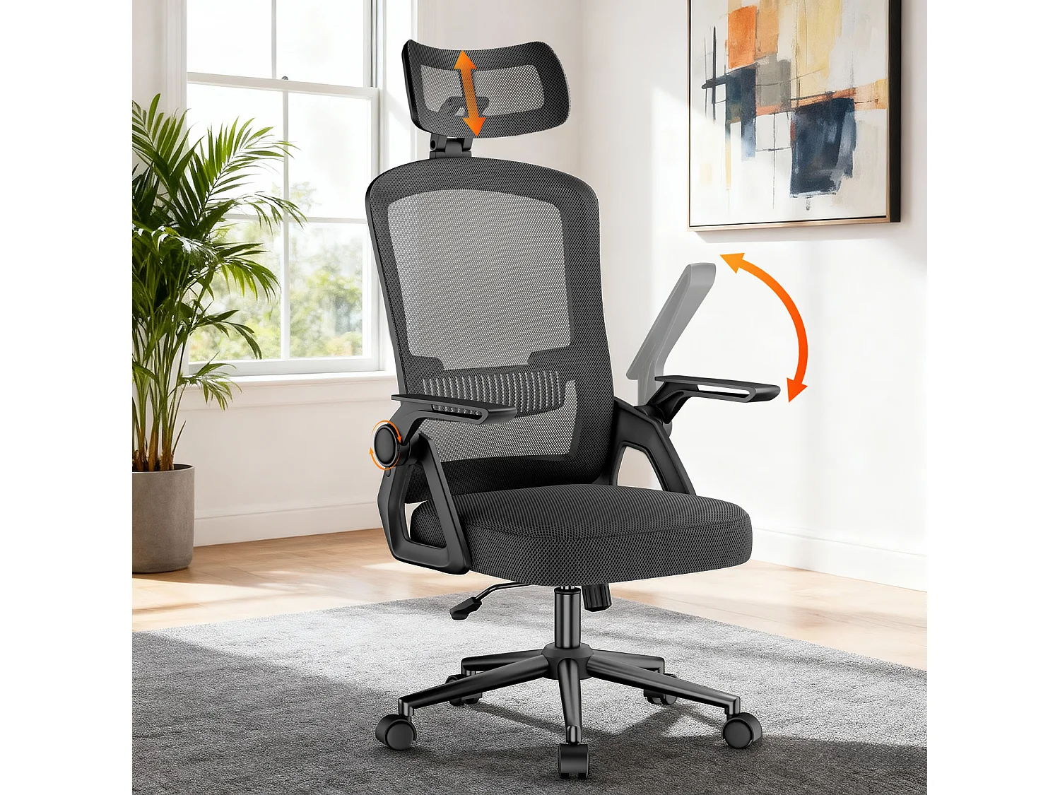 Chaise de bureau ergonomique avec appui-tête réglable, dossier haut en maille, accoudoirs rabattables, soutien lombaire et piètement pivotant