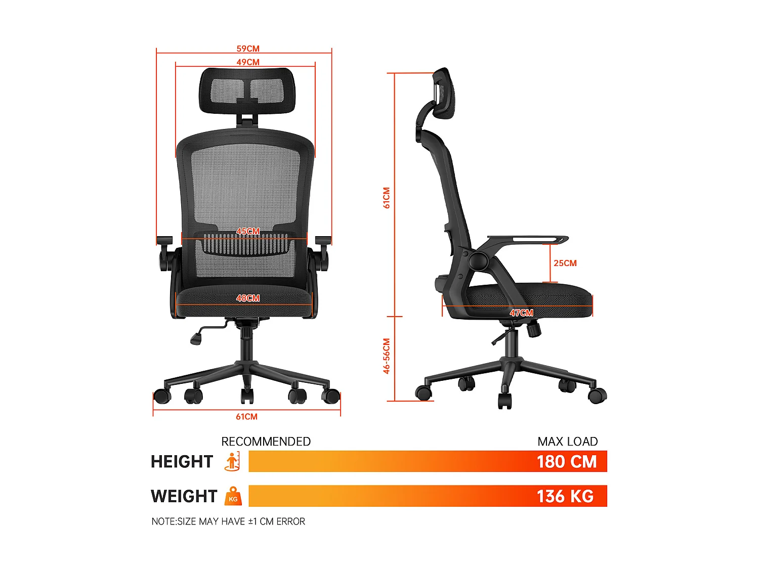 Chaise de bureau ergonomique avec appui-tête réglable, dossier haut en maille, accoudoirs rabattables, soutien lombaire et piètement pivotant