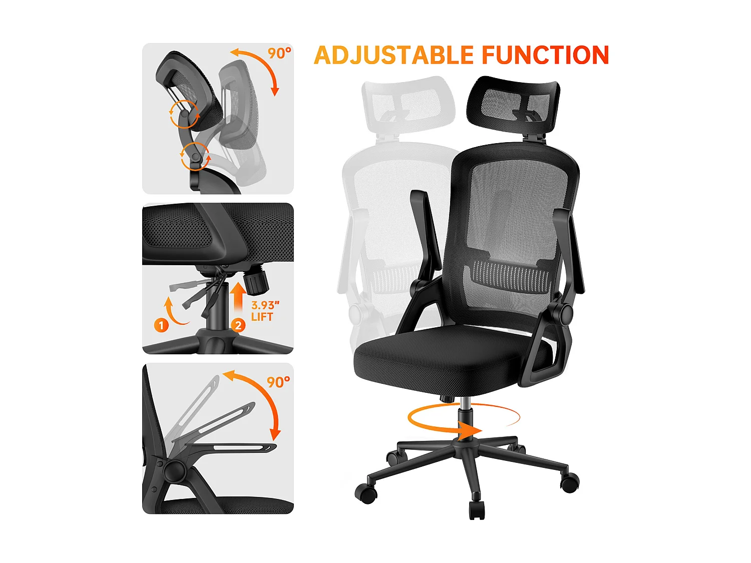 Chaise de bureau ergonomique avec appui-tête réglable, dossier haut en maille, accoudoirs rabattables, soutien lombaire et piètement pivotant