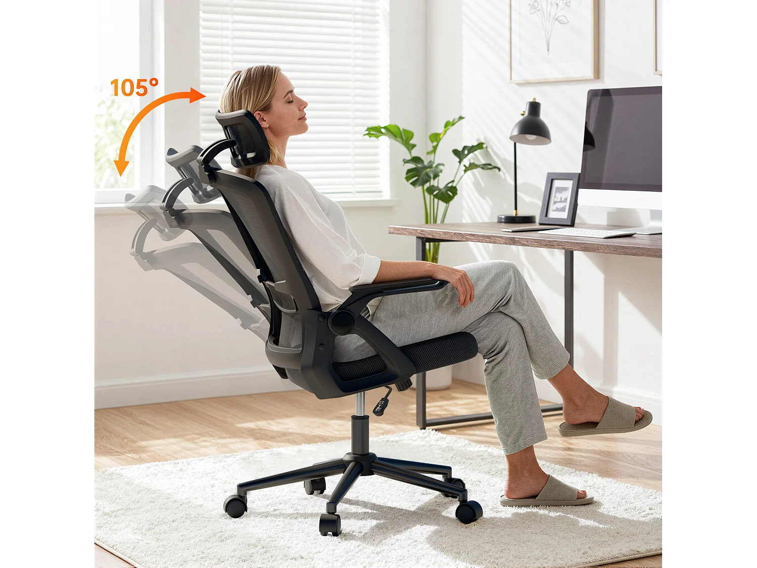 Chaise de bureau ergonomique avec appui-tête réglable, dossier haut en maille, accoudoirs rabattables, soutien lombaire et piètement pivotant