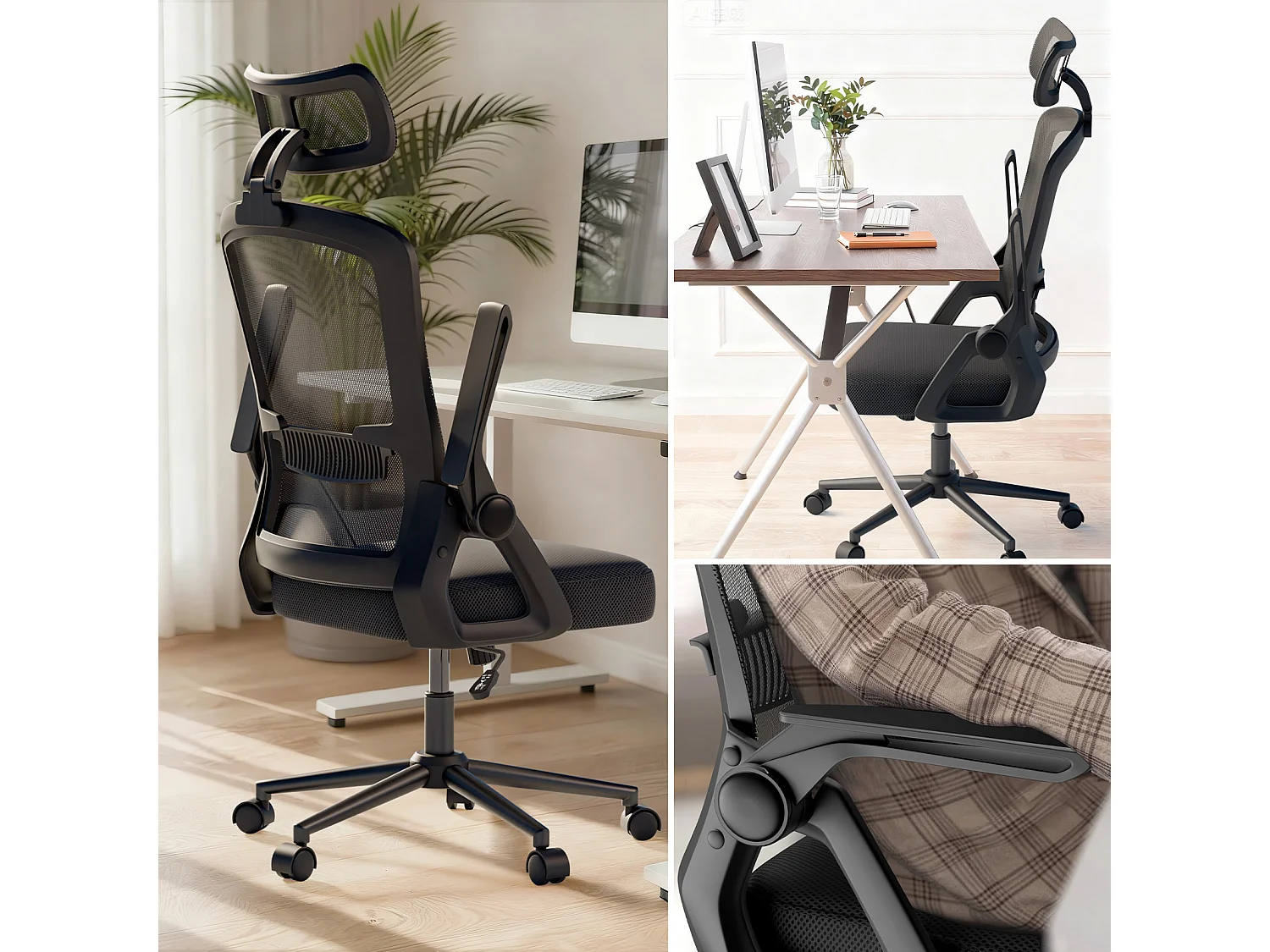 Chaise de bureau ergonomique avec appui-tête réglable, dossier haut en maille, accoudoirs rabattables, soutien lombaire et piètement pivotant