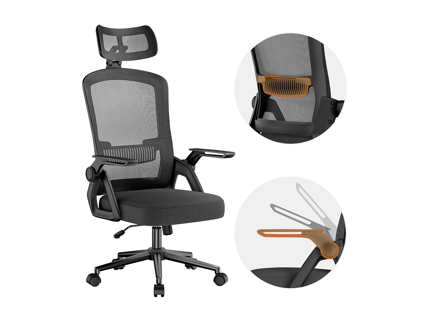 Chaise de bureau ergonomique avec appui-tête réglable, dossier haut en maille, accoudoirs rabattables, soutien lombaire et piètement pivotant
