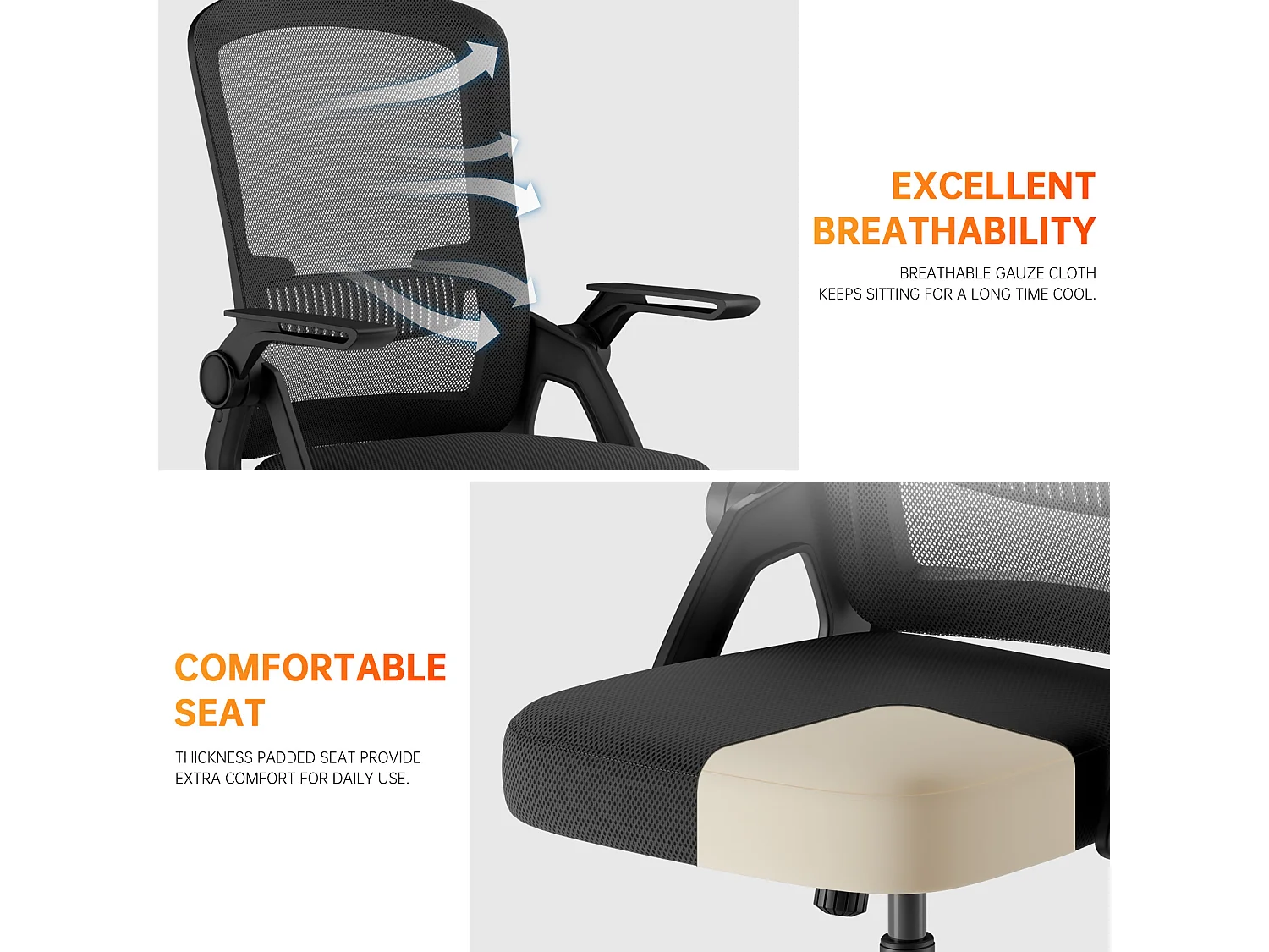 Chaise de bureau ergonomique avec appui-tête réglable, dossier haut en maille, accoudoirs rabattables, soutien lombaire et piètement pivotant