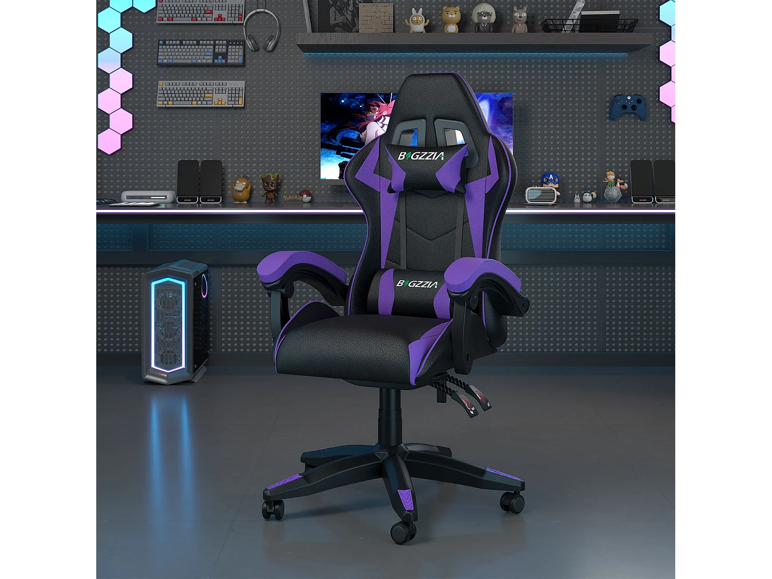 Fauteuil de gaming inclinable à dossier haut en cuir PU, avec appui-tête et soutien lombaire