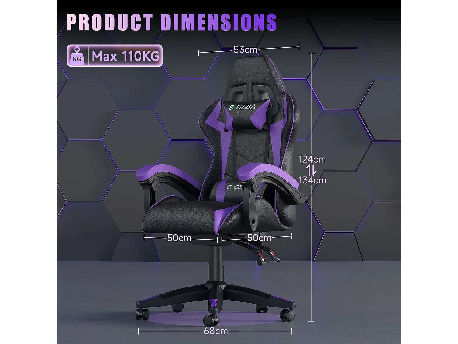 Fauteuil de gaming inclinable à dossier haut en cuir PU, avec appui-tête et soutien lombaire