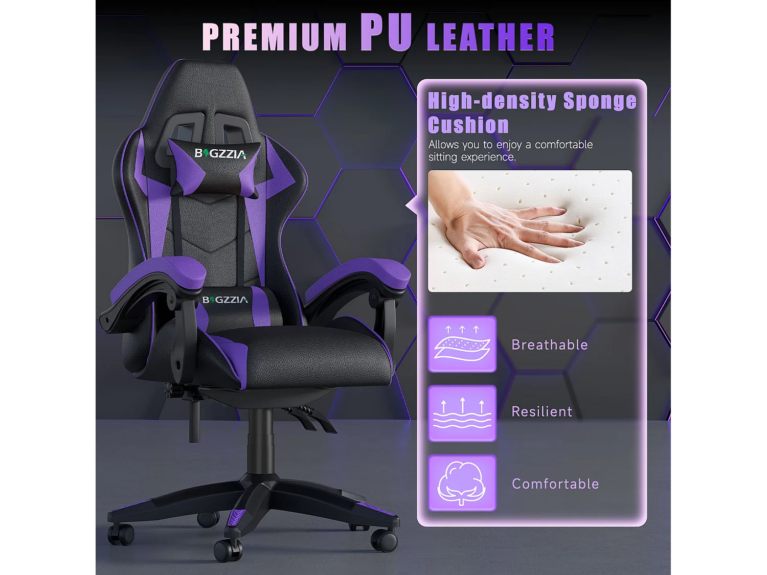 Fauteuil de gaming inclinable à dossier haut en cuir PU, avec appui-tête et soutien lombaire