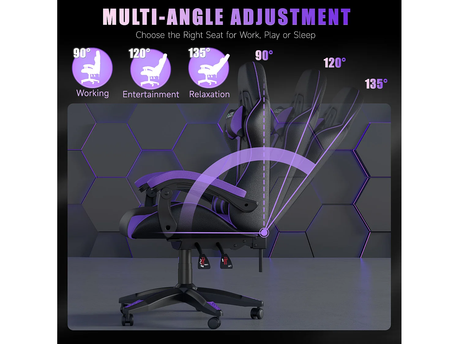 Fauteuil de gaming inclinable à dossier haut en cuir PU, avec appui-tête et soutien lombaire