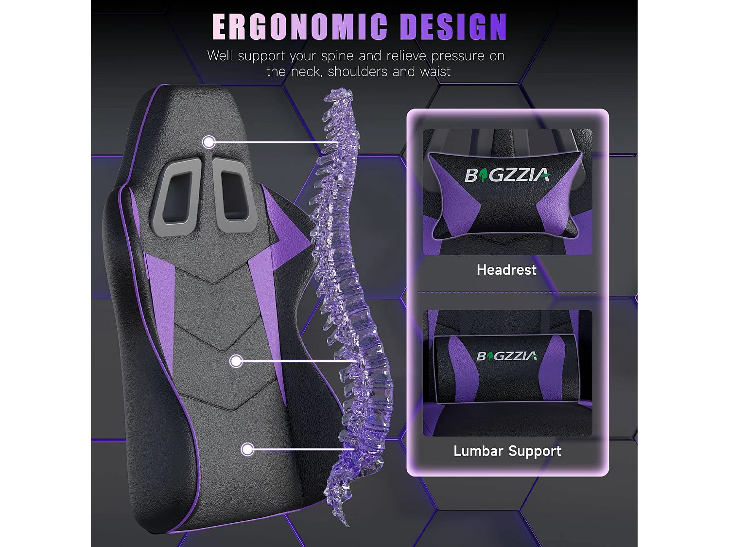 Fauteuil de gaming inclinable à dossier haut en cuir PU, avec appui-tête et soutien lombaire