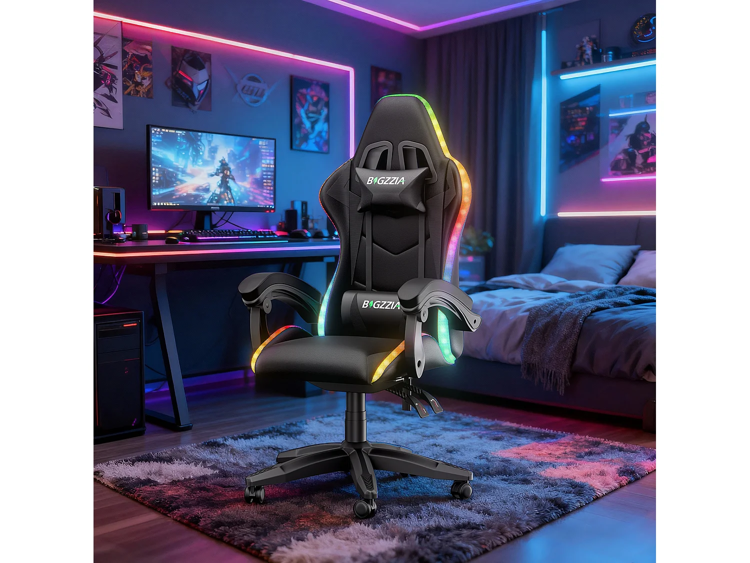 Fauteuil de jeu ergonomique avec effets lumineux LED, dossier réglable en hauteur avec soutien lombaire et appui-tête